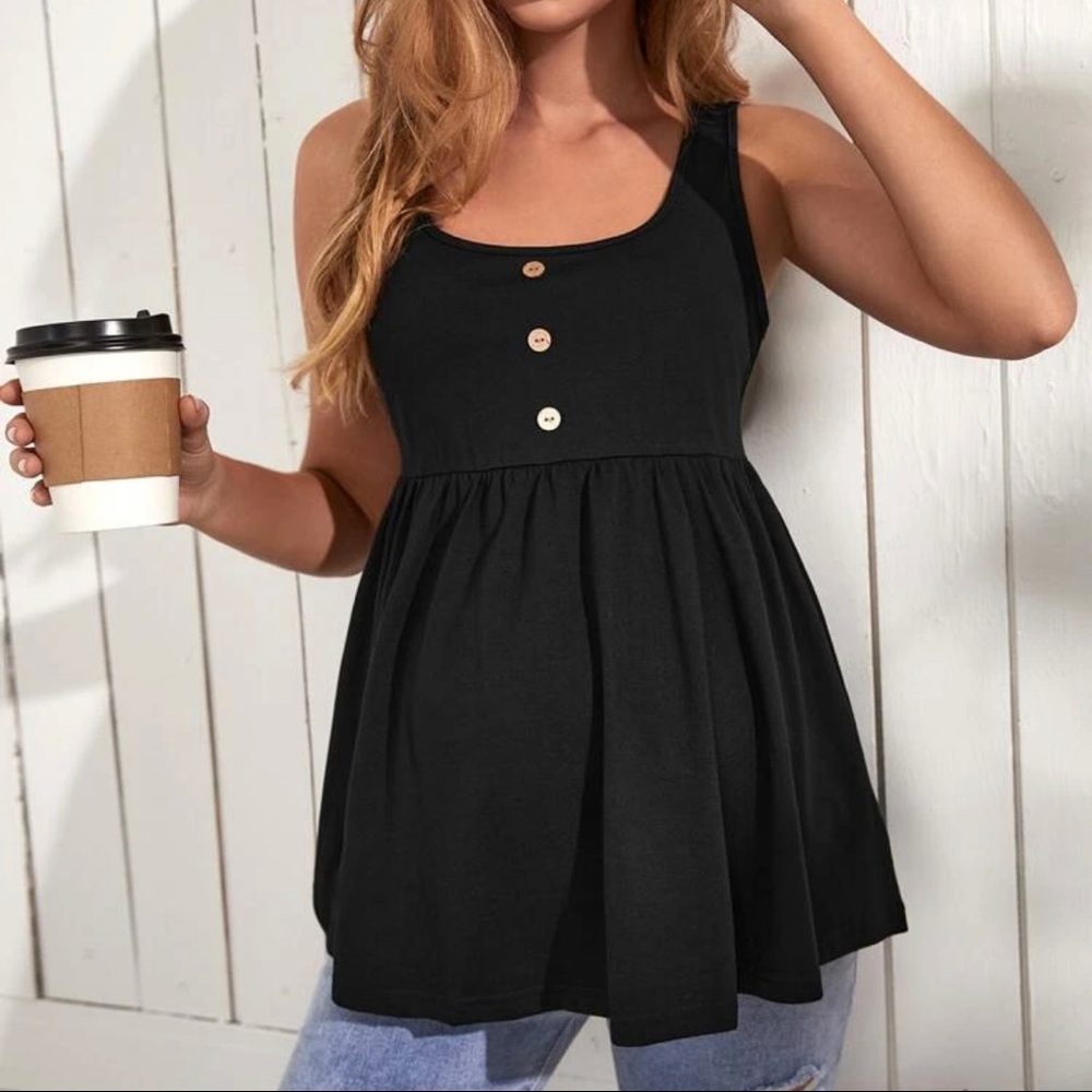 Maternity Tank Top. Black with three button design. Buttons are not real.